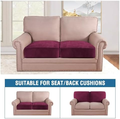 H.VERSAILTEX Velvet Stretch Couch Cushion Cover Plush Cushion Slipcover for Chair Loveseat Sofa Cushion Furniture Protector Seat Cushion Sofa Cover (2 Piece Large Sofa Cushion Covers, Burgundy) - Image 3