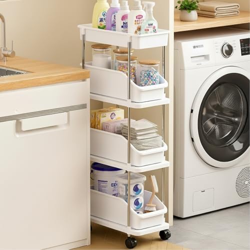 Slim Storage Cart 4 Tier Slim Rolling Utility Cart with Pull-Out Baskets & Wheels for Narrow Space in Kitchen Dining Room Bathroom Laundry Room Cream White (Width 6.3 Inches) - Image 4