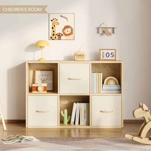 EXPERLAM 6 Cube Storage Organizer - Solid Wood Bookshelf with 3 Storage Bins, Cube Shelf with 2 Removable Back Panels, Vertical or Horizontal Bookcase, Open Book Shelf for Bedroom, Living Room, Office - Image 2