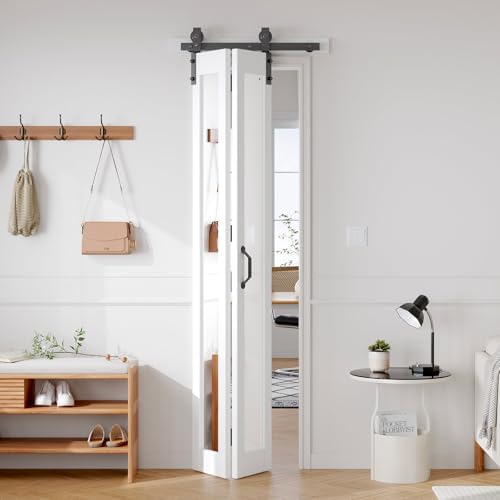 FREDBECK Bifold Barn Doors 24x84 (Double 12x84) with 1 Lites Mirror,White by FREDBECK
