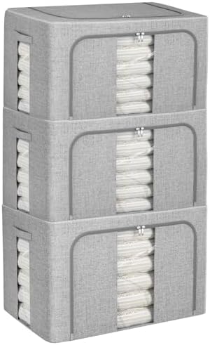 3 Pack Clothes Storage Bins, Foldable Metal Frame Storage Box with Lids,Stackable Linen Fabric Organizer Set with Carrying Handles,Zippers,and Clear Window (Grey, 66L) by Biyoeepeelstickwallpaper