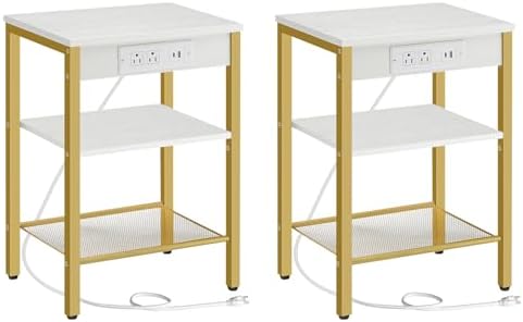 HOOBRO Side Tables Set of 2 with Charging Station and USB Port, Small End Tables for Small Space, 3-Tier Nightstands with Adjustable Shelf, for Living Room, Bedroom, White and Gold DW112BZP201G1 by HOOBRO