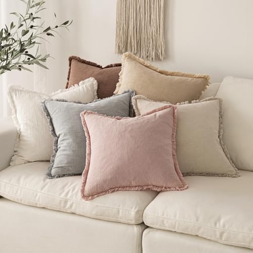 MIULEE Boho Linen Fringe Decorative Throw Pillow Covers Light Pink 20x20 - Image 6