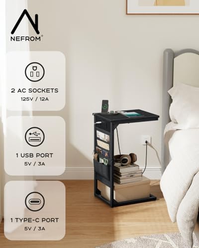 C-Shaped End Table with Fast-Charging Station, Small Couch Side Table with Storage Bag, Sofa TV Tray Table for Living Room, Bedroom, Bedside ET-BK-1 - Image 4