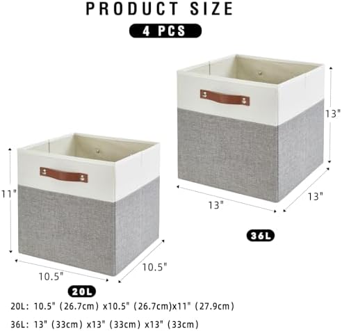 Bagnizer Collapsible Fabric Storage Cube Bins with 2 Reinforced PU Handles, Foldable Storage Organizer Baskets for Closet, Shelves, Living Room | 11"x11"x11", 4 Pack, Gray & White - Image 2