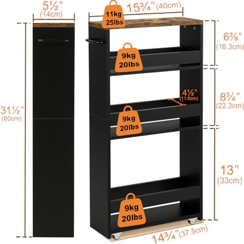 TEAMIX Slim Rolling Storage Cart, Wood 4-Tier Narrow Kitchen/Laundry Cart - Image 5