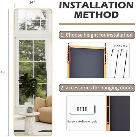 48"x 14" Full Length Door Mirror, Over the Door Mirror, Gold - Image 7