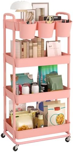 JIUYOTREE 4-Tier Plastic Rolling Storage Cart Utility Cart with Extra Hanging Cups Handles Lockable Wheels for Living Room Bathroom Kitchen Office Pink by JIUYOTREE