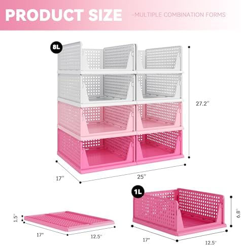Pink Girl Closet Organizers and Storage Stackable Plastic Drawer Basket for Clothing Stackable Storage Bins Shelf Storage Container for RV Closet Wardrobe Bedroom Bathroom Playroom 8 Pack - Image 3