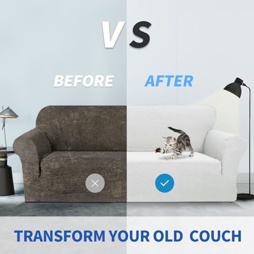 ZNSAYOTX 1 Piece Jacquard Couch Covers for 2 Cushion Couch High Stretch Loveseat Slipcover for Pets Dogs Anti Slip Love Seat Sofa Slipcover Furniture Protector (Medium, White) - Image 5