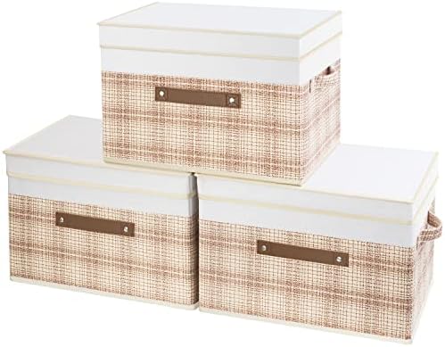 TYEERS Collapsible Storage Bins with Lids, Patchwork Design, Washable, Fabric Storage Boxes, 14.9x9.8x9.8 inches, 3 Pack, Camel Tan by StorageOrganization