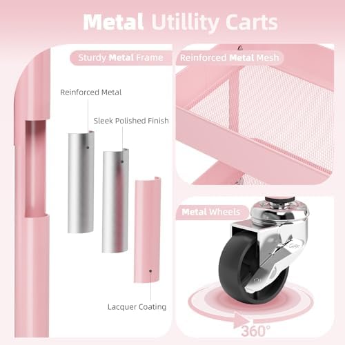 KINGRACK 3 Tier Metal Rolling Cart with Drawer, Pink Utility Storage Cart | 2 Cups & 4 Hooks, Lockable Wheels, Trolley Organizer for Bathroom, Kitchen, Office, Nursery, Dorm, Laundry, Craft Room - Image 4