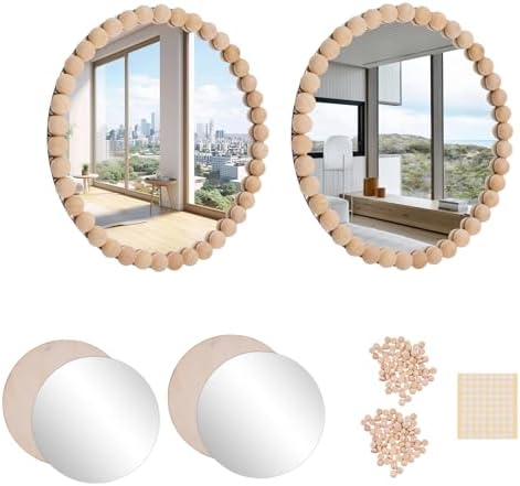 2 Set Boho Mirror Wall Décor DIY Kit, 8" Round Glass Mirror with Wood Beads, Rustic Farmhouse Decorative Wall Art for Living Room, Bedroom, Entryway (Assembly Required) by Hiyoo