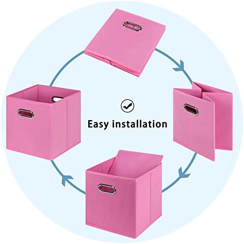 Black Fabric Cubby Storage Bins,13x13x13 Inches ,Cube Organizer Bin Foldable Storage Boxes with Dual Handles Fabric Organizer Box and collapsible Storage basket,Set of 6,Pink - Image 6
