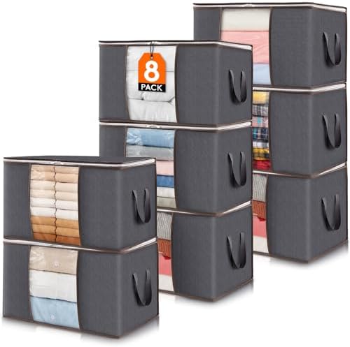 Lifewit 8 Pack 60L Clothes Storage Bins with Lids, Foldable Blanket Storage Bags with Zippers, Clear Window and Reinforced Handles, Closet and Organization for Clothing, Sweater, Comforter, Bedding by Lifewit