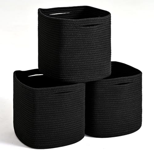 ICERZCZ 11 Inch Cube Storage Bins, Storage Cube Organizer Bins, Woven Cotton Rope Basket for Storage, Storage Baskets for Organizing Shelves, Square Baskets for Toys, Black (Pack of 3) by ICERZCZ