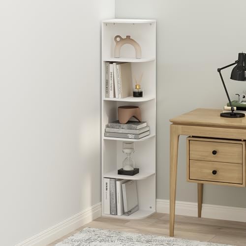Furinno Reed Corner Shelf, 5-Tier Corner Bookshelf, Book Shelf, Corner Shelves, Storage Rack, for Organization and Storage, Home Office, Living Room, White by Furinno-FitsYourSpaceFitsYourBudget