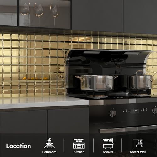Diflart Peel and Stick Mirror Backsplash, Gold, 3x3 Inch, Beveled Mirror Square Kitchen Bar Wall Tile (2 Sq.ft, 32 Pcs) - Image 4