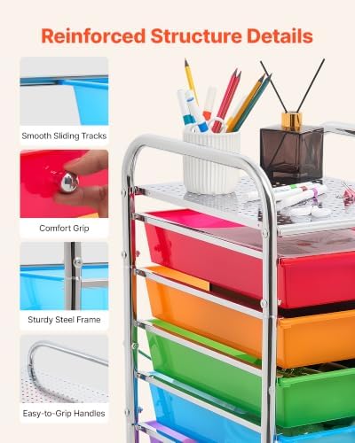 VEVOR Rolling Cart with Drawers, 10 Drawer Storage Organizer, Mobile Utility Cart with Steel Frame, Universal Casters & 2 Brakes, Great for Office, Classroom, Craft Tools, Garage, Studio, Rainbow - Image 5