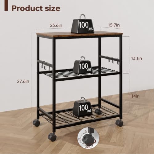 itchen Rolling Cart, 3-Tier Microwave Stand with Lockable Wheels, One-Piece Shelf, Kitchen Utility Storage Cart for Coffee Bar,Apartment, Dorm, Laundry Room, Office, 23.6" x 15.7" x 27.6", Brown - Image 3