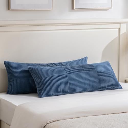 Fancy Homi Set of 2 Dusty Blue Boho Long Lumbar Body Decorative Throw Pillow Cover 14x36 Inch for Bed Couch Bedroom Bench, Soft Patchwork Corduroy Textured Pillow Case, Rustic Farmhouse Room Décor by Fancy+Homi