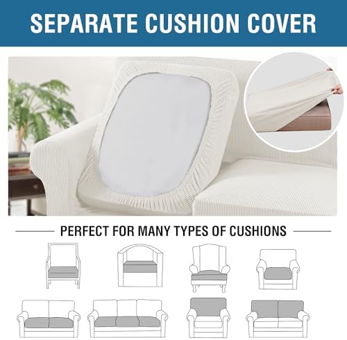 H.VERSAILTEX 4 Piece Stretch Sofa Covers for 3 Cushion Couch Covers for Living Room Furniture Slipcovers (Base Cover Plus 3 Seat Cushion Covers) Thicker Jacquard Fabric (Large Sofa, Porcelain White) - Image 5