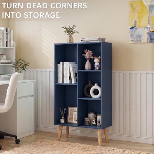 YAHARBO Small Dark Blue Bookshelf,3 Tier Modern Kids Bookcase with Legs,5 Cube Wooden Bookshelves Storage Shelf,Book Shelves Organizer,Display Bookcases Cabinet for Room Nursery Study - Image 4