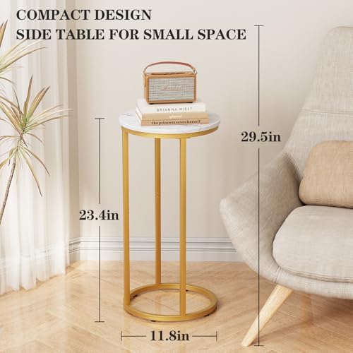 C Shaped end Table,Wood Round Side Table for Couch,Small Sofa Table with Metal Frame for Bedroom,Living Room,Bedside,Gold Color(11.81" D x 11.81" W x 23.62" H) - Image 3
