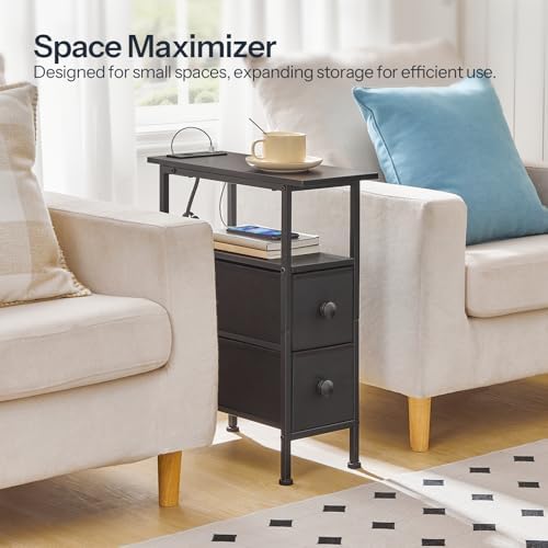 HOOBRO End Table with Charging Station, Narrow Side Table with 2 Fabric Drawers, Skinny Nightstand with Storage, Slim Bedside Table for Bedroom, Living Room, Small Spaces, Black BB487UBZ01 - Image 4