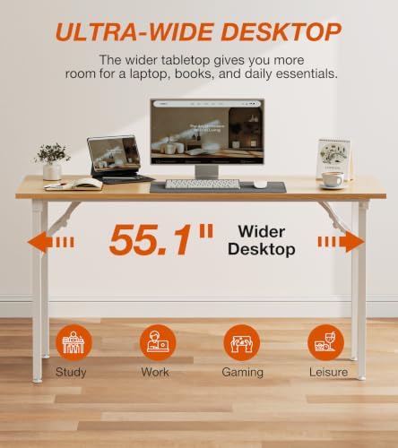 XBurmo Folding Desk Foldable Table, No Assembly 55.1" Foldable Desk Space-Saving Workstation for Small Space, Computer Table, Flat Storage for Home Office, Bedroom, Dorm, Study Room, Light Maple - Image 6
