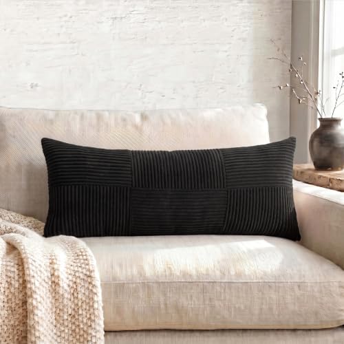 Fancy Homi Set of 2 Black Boho Long Lumbar Body Decorative Throw Pillow Cover 14x36 Inch for Bed Couch Bedroom Bench, Soft Patchwork Corduroy Textured Pillow Case, Rustic Farmhouse Room Décor - Image 5