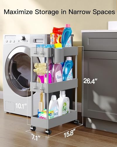 Pipishell 3 Tier Slim Storage Cart with Wheels, Bathroom Storage Cart, Gray - Image 2