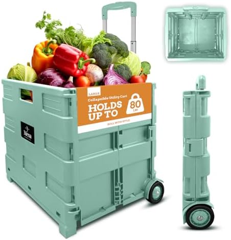 Inspired Living Ultra-Slim Rolling Collapsible Storage Pack-N-Roll Utility-carts, with Telescopic Handle, for Home, Garden, Shopping, Office, School use, Large, Mint by Inspired+Living