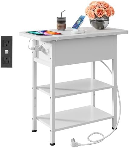 WLIVE 3-Tier End Table with Charging Station Flip Top Narrow Nightstand by WLIVE