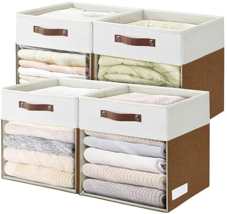 Bagnizer Storage Cubes, 4 Pack Linen Foldable Storage Bins with Clear Window and 2 Handles, 13x15x13 Storage Cube Bins for Shelf Closet, Kallax, Clothes, Books - (Brown / Off-White) by Bagnizer