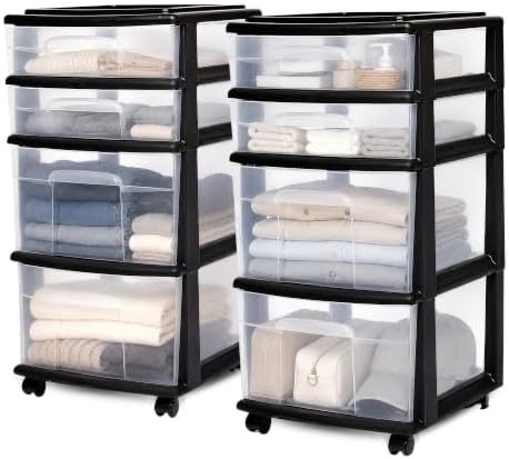 HOMZ Drawer Tower, 4-Tier Cart w/Removable Wheels, Black Frame, 2-Pack by Homz