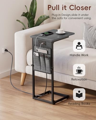 Vagusicc C-Shaped End Tables Set of 2 with Charging Station, 33'' Tall C Table Adjustable Height Side Table for Couch, Small Couch Table that Slide Under Sofa, TV Trays for Living Room, Gray Walnut - Image 7