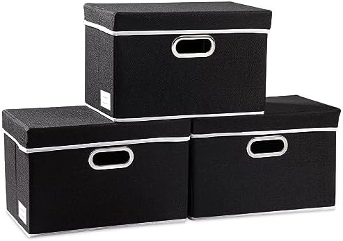PRANDOM Foldable Storage Box with Lid [3-Pack] Fabric Collapsible Storage Bin Organizer Container Basket Cube with Cover for Home Bedroom Closet Office Nursery Black (14.9x9.8x9.8) by Prandom