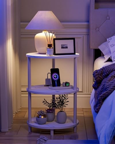 Small Round Side Table - 3-Tier Oval Accent Table for Small Spaces, Rustic Wood and Metal Nightstand for Living Room or Bedroom, with Built-in USB Ports and Power Outlet, Marble White - Image 5