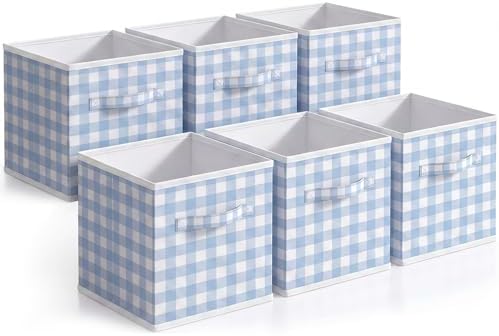 Yalikop 6 Pcs Blue Gingham Cube Storage Bins, 11 Inch Fabric Checkered Classroom Storage Bins Organizer with Handle Preppy Collapsible Cubby Basket for Classroom Home Nursery Playroom Bedroom by Yalikop