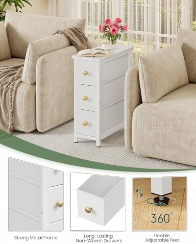 CHOEZON Narrow Side Table with 3 Fabric Drawers, Industrial Slim Bedside Table for Small Spaces, Bedroom, Living Room, Dormitory, White TBZ09WB - Image 5