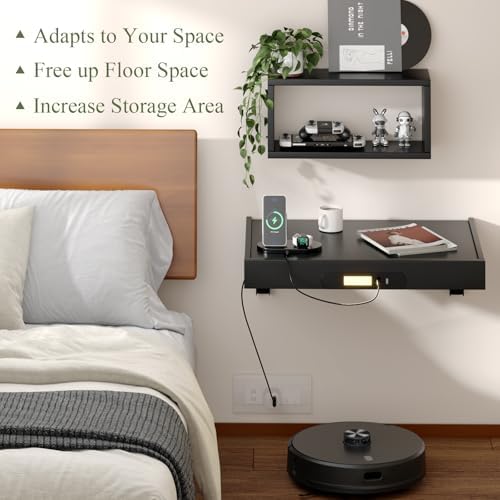 TEAMIX Floating Nightstand with Charging Station, Wall Mounted Folding Bedside Shelf Combo Nightstand with Led Light USB Type C Ports, Space Saving Bed Side Tray Storage for Bedroom, Living Room, Dorm - Image 5