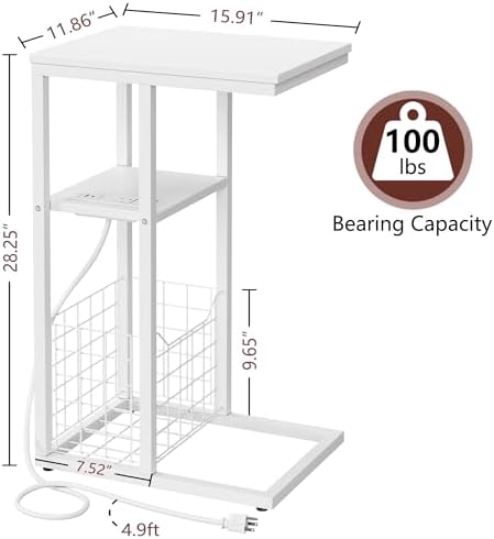 Vagusicc C Shaped End Table with Charging Station, Side Table for Couch, Small Side End Table for Small Spaces, 28" High Slide Under Sofa Table for Coffee, Tv Tray Table for Living Room, White - Image 3
