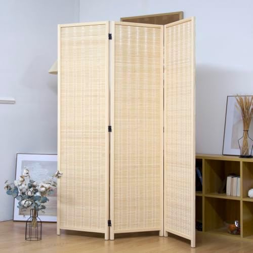 3 Panel Bamboo Room Divider for Home & Office, 5.6 ft Tall Folding Partition Wall in Natural Beige, Double-Sided Privacy Screen for Room Separation (67" H x 46" W) by PawlaBay