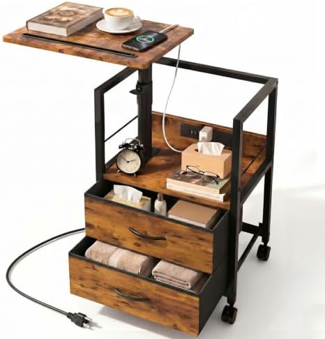 Faesun Swivel Lift Top Nightstand with Charging Station, Rolling Side Table for Recliner, Bedside Table with Wheels & 2 Fabric Drawers, for Small Spaces, for Bedroom, Living Room, Brown by Faesun