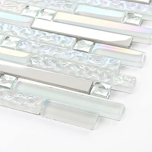 Blujellyfish Glass Metal Tile Iridescent White Glass Silver Mirror Stainless Steel Blends Interlocking Strip Wall Tiles TSTNB01 (Pack of 5 Sheets) - Image 3