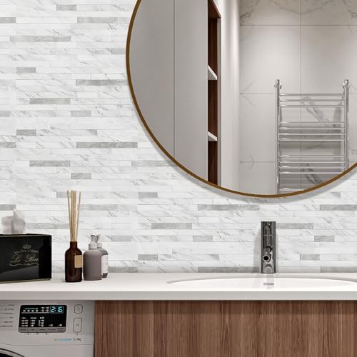STICKGOO 20 Sheets Peel and Stick Backsplash Tile, Stick on Backsplash for Kitchen and Bathroom, White Marble Look PVC Mixed Metal Silver Self Adhesive Wall Tiles - Image 6