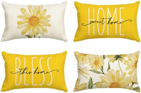 AVOIN colorlife Home Sweet Home Spring Summer Flowers Yellow Throw Pillow Covers, 12 x 20 Inch Cushion Case for Sofa Couch Set of 4 by AVOINcolorlife