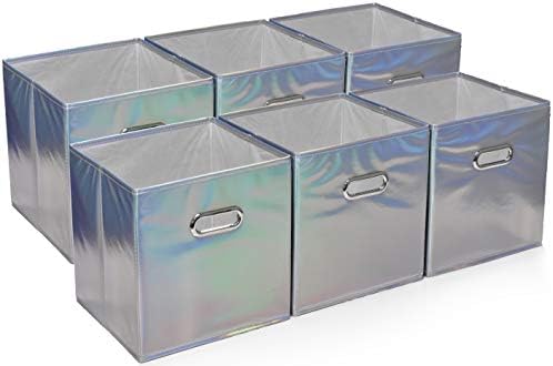 Handy Laundry 6-Pack Foldable Cube Storage Bins – Decorative Collapsible Organizer for Shelves, Closets, Underbed, Clothes, or Kids’ Toys (Shiny Silver) by Handy+Laundry