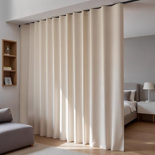 Room Divider Blackout Curtains Flexible Sliding Tracks Sets Ceiling Mounted Rod Window Curtain Privacy Separation for Bedroom Living Rooms,1 Panel Beige Drape and Black Track Set-W108xH96 in by DOEIEZ
